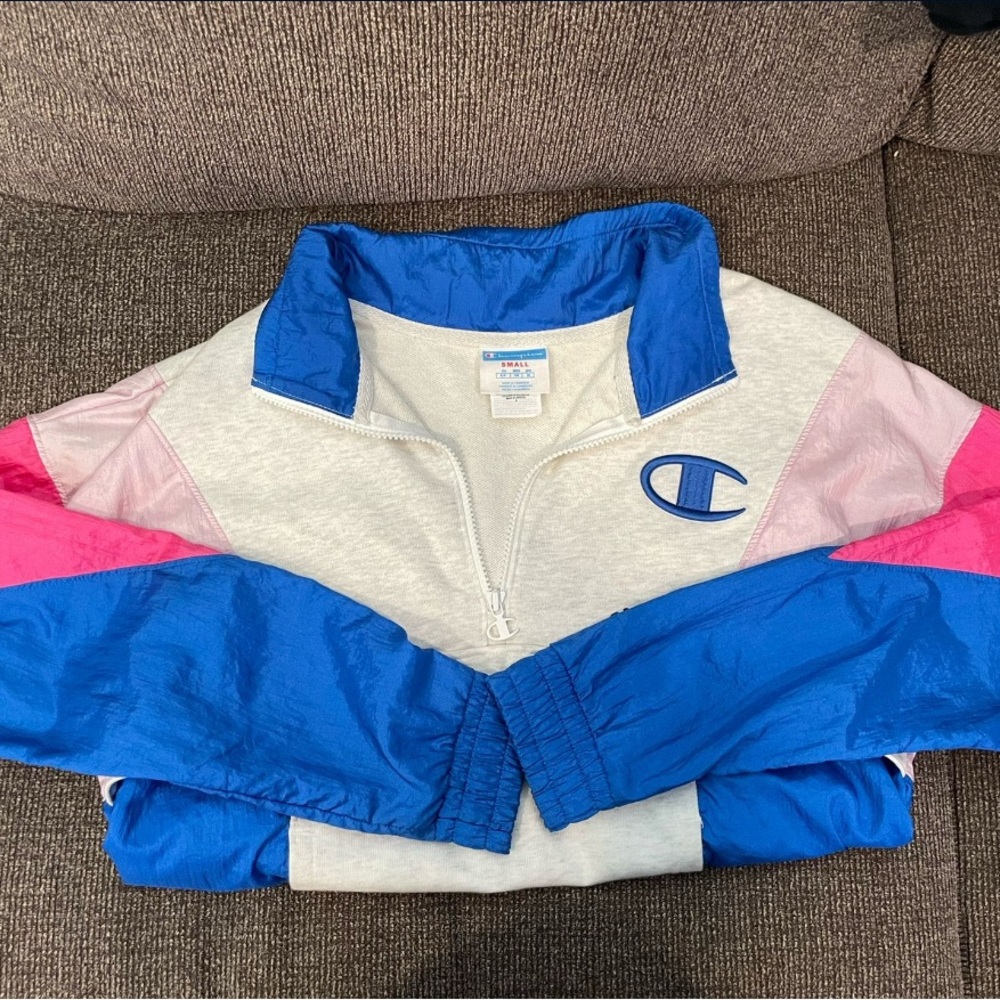 Champion Blue and Pink Windbreaker Jacket Retro Vibe